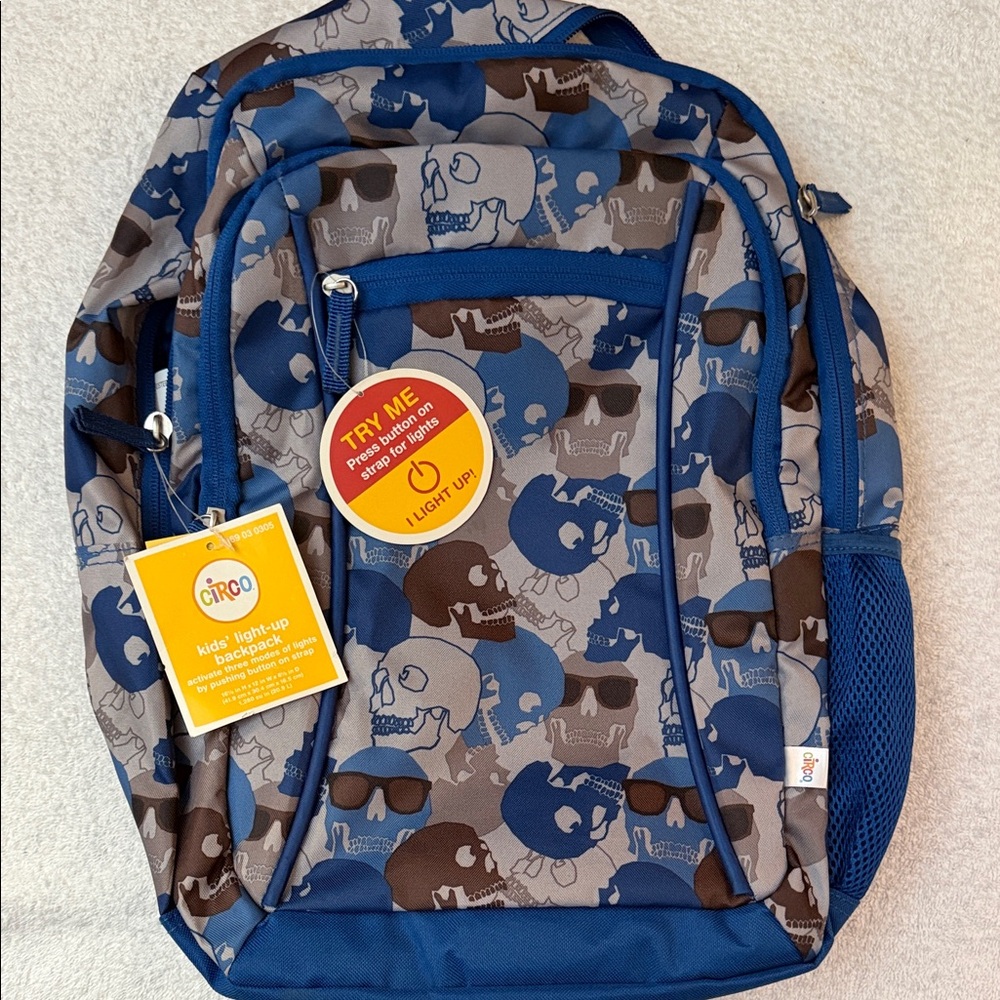 NWT Circo Blue & Gray Light-Up Skull Backpack 3 Pocket 16x12x4 Travel School